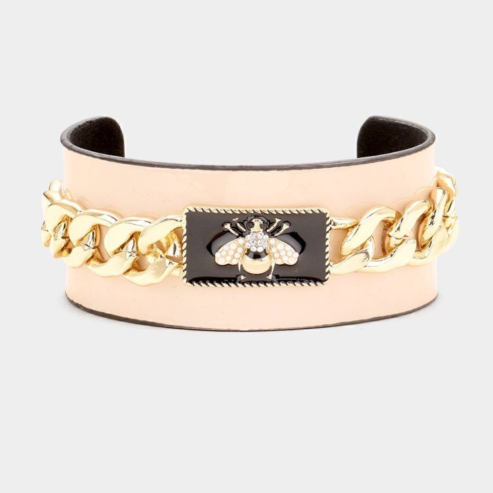 Pearl Honey Bee Pink Enamel Chain Cuff Bracelet NWT